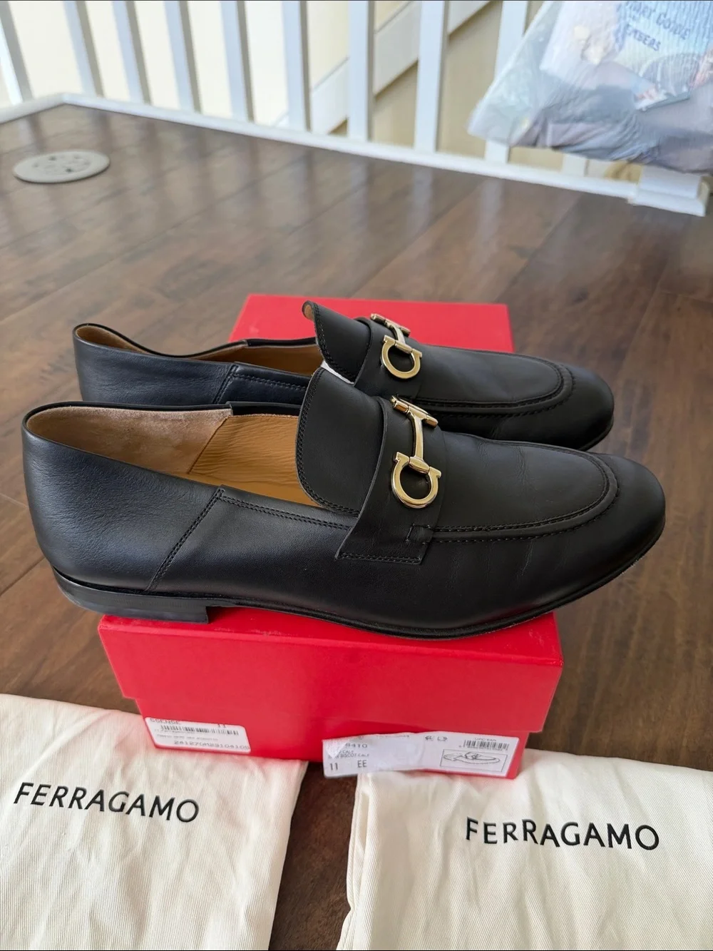 Salvatore Ferragamo Black Leather Bit Loafers with Gold Hardware